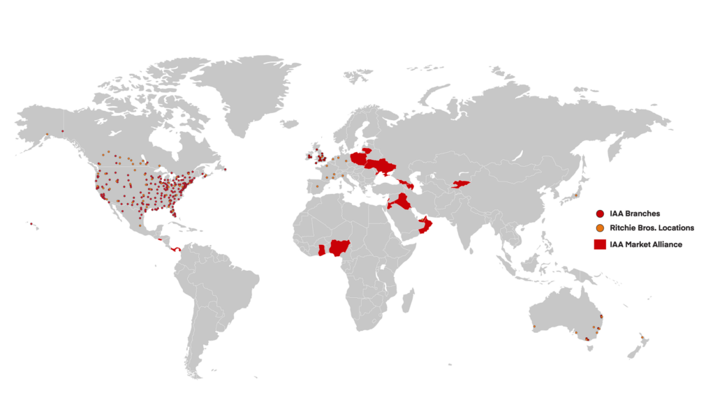 Map of IAA branches, Ritchie Bros. locations, and IAA market alliance regions worldwide